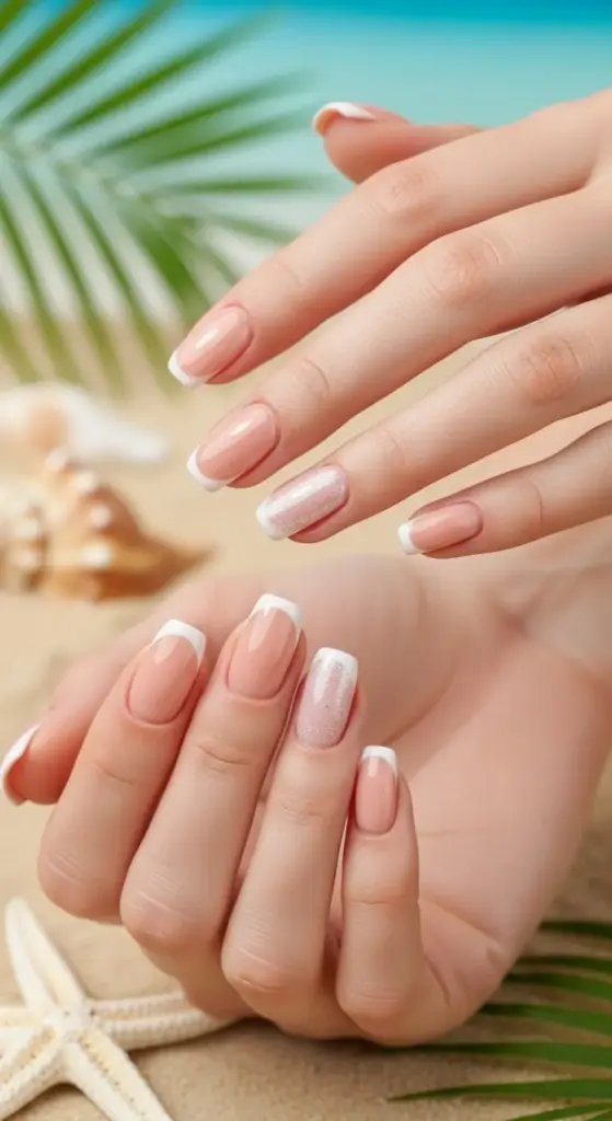 A pair of manicured hands are shown against a sandy background with seashells and palm leaves. The nails have a classic French manicure style with one accent nail on each hand featuring a glittery finish. The overall look is a subtle and simple beach vacation manicure.
