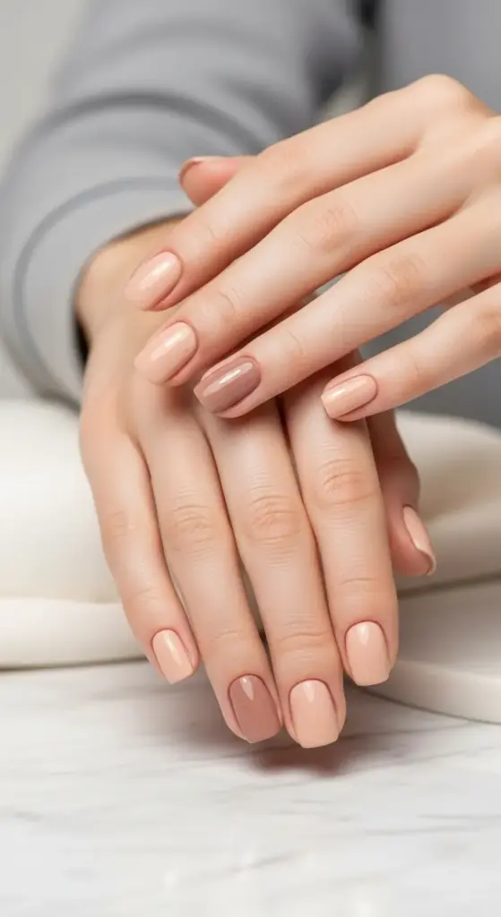 A person's hands are shown with a minimalist manicure featuring short acrylic nails. The nails are painted in a sophisticated, two-tone design, with most of them in a soft, nude shade and two accent nails on each hand in a slightly darker, warm brown color. The polished nails are a simple and elegant look, complementing the person's skin tone.
