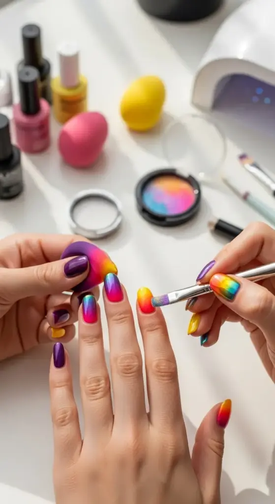 A close-up of a person's hands applying trendy summer nails with a colorful gradient using a sponge and a brush. The nails feature a vibrant rainbow ombre design, transitioning from yellow and orange to pink, blue, and purple. The background shows various nail art supplies, including bottles of nail polish, a UV lamp, cosmetic sponges, and an eyeshadow palette, all on a white table.