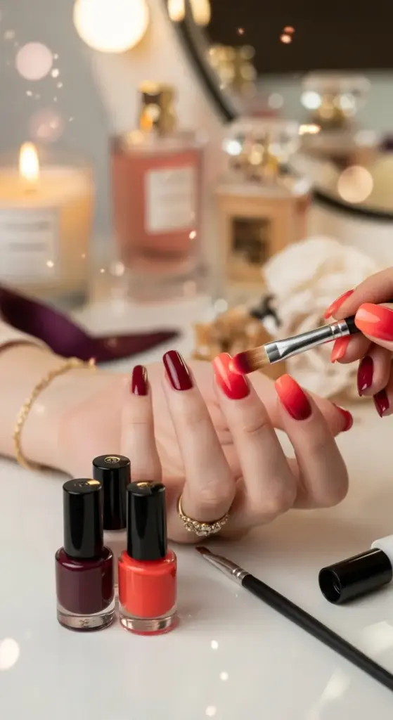 A person is getting a manicure, applying a vibrant red and orange ombre design to their nails with a small brush. The image highlights different shades of red nail polish bottles on a white vanity, with perfume bottles and a lit candle blurred in the background, creating a cozy and luxurious atmosphere. This is an ideal image for anyone looking for "Red Nails Ideas" and creative nail art techniques.