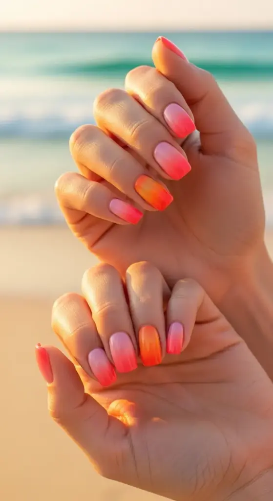 A pair of hands with brightly colored nails is shown against a blurred beach background with the ocean visible. The nails feature a vibrant pink, orange, and coral ombre design that fades from dark to light. The color scheme and design create a fun and simple beach vacation nail look.