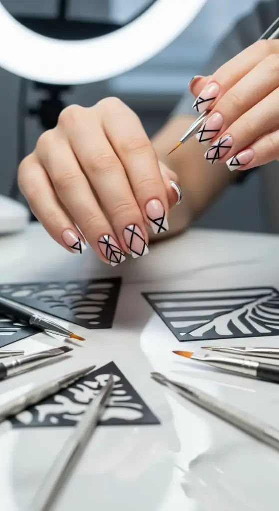A close-up of a stylish and modern take on French Tip Nails. The nails feature a classic white tip but with an intricate black geometric and crisscross design. A person holds a fine-tipped brush, adding to the detailed pattern, with other nail art tools and templates visible on the white table.