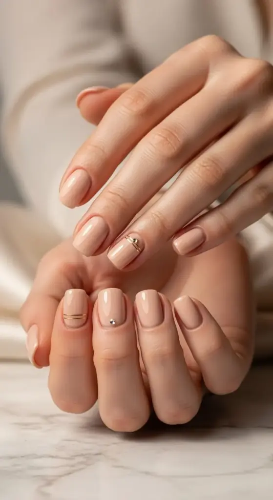 An elegant, close-up shot of a person's hands with a fresh manicure. The short acrylic nails are painted in a beautiful, natural-looking nude shade. The ring finger on one hand is adorned with two thin, gold horizontal lines, while the same finger on the other hand features a single, small silver stud. The hands are posed gracefully against a neutral-toned background, highlighting the simple yet sophisticated design.