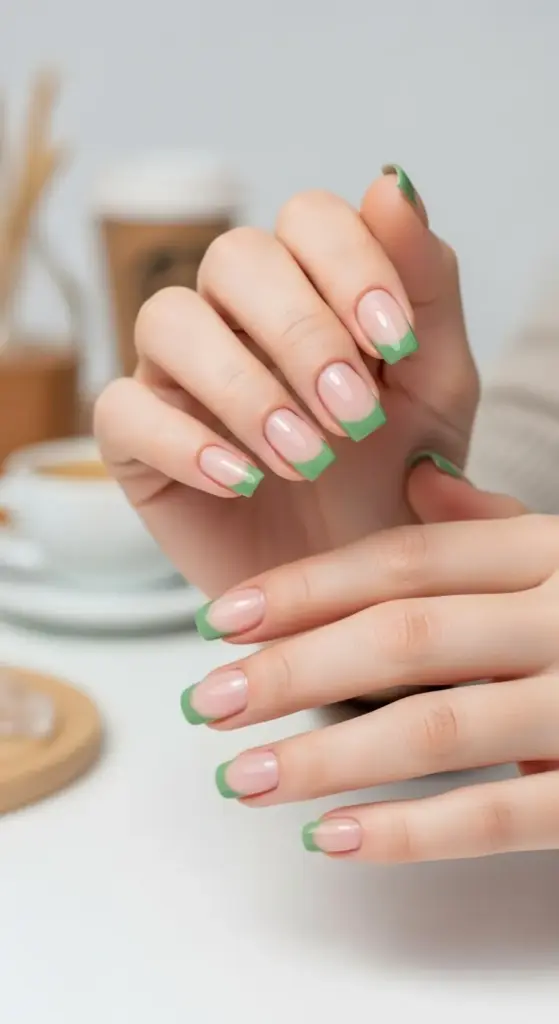A pair of hands with a fresh, modern manicure. The short acrylic nails have a transparent or nude base coat with a vibrant, pastel green French tip. The nails are neatly shaped and have a glossy finish, giving them a clean, stylish appearance.