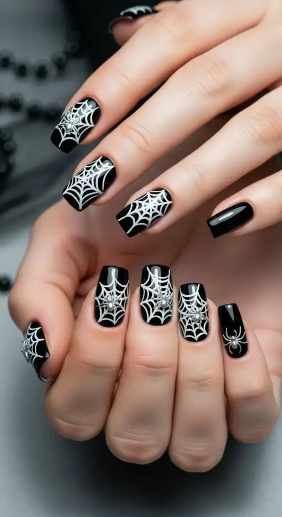 Long black coffin nails featuring intricate white spiderweb designs and a 3D silver spider accent. These Spooky Halloween Nails are perfect for a creepy-crawly look.