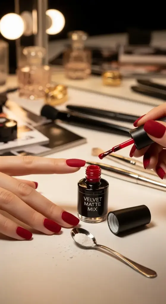 A person is applying a rich, matte red nail polish with a "Velvet Matte Mix" to their nails. A spoon with white powder is next to the polish bottle, showing the process of creating a unique velvet-like texture. The person's nails are already painted in a deep matte red, highlighting a trendy and bold style. This image is a great resource for anyone searching for "Red Nails Ideas" and innovative nail art techniques.