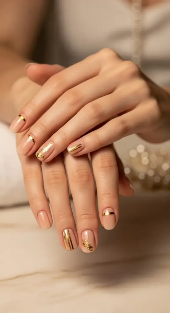 A pair of hands with a classy and elegant nude manicure is shown against a blurred background. The nails are painted with a subtle, natural shade and feature gold accents, including thin stripes and foil accents. This glamorous yet simple beach vacation nail design is perfect for a special occasion.