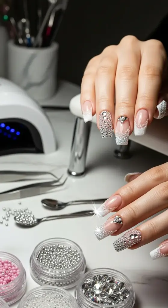 A close-up of a person's hands with a glamorous set of French Tip Nails. The manicure combines a classic white tip with dazzling rhinestone and bead embellishments. The nails are long and coffin-shaped, with a gradient of sparkling jewels covering the base of the nail. In the background, a UV lamp and nail art supplies are on a marble table.