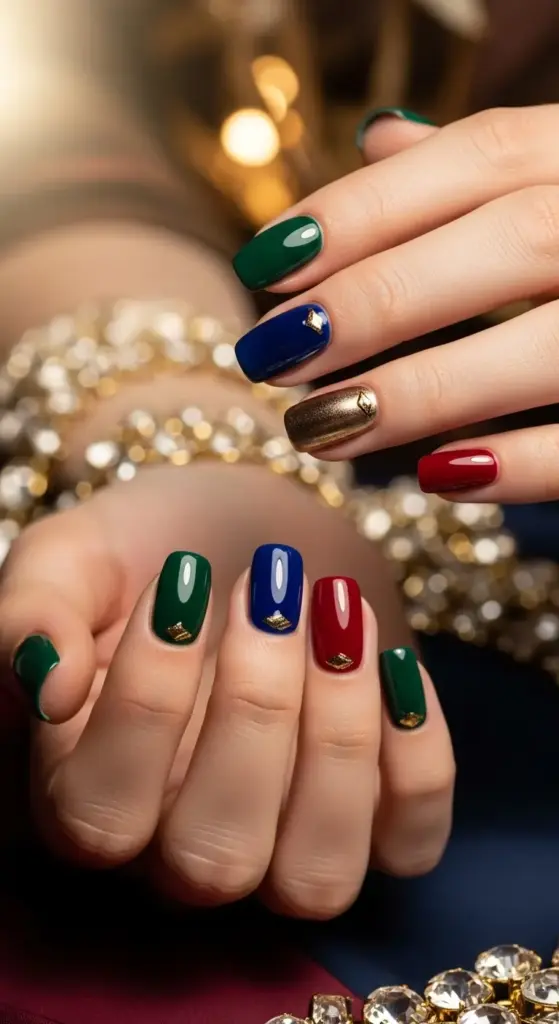 A festive and elegant close-up of a person's hands with short acrylic nails. The manicure features a variety of rich, jewel-toned colors, including deep green, royal blue, and glossy red. The ring and thumb nails are adorned with a small gold accent, and a gold metallic nail is featured on the index finger of one hand. The hands are posed gracefully, with a blurred background of sparkling gold and red, suggesting a holiday or celebratory theme.