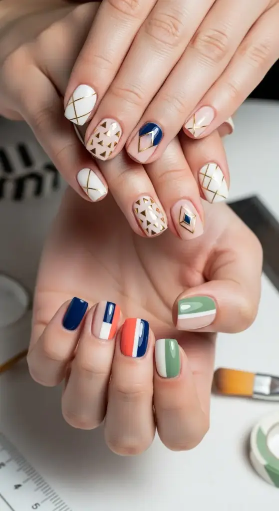 A set of hands showcasing two different, artistic manicure designs on short acrylic nails. The nails on the top hand feature a mix of solid white, nude, and dark blue polishes, with intricate gold geometric lines and triangles. The lower hand has a bold, colorful design with horizontal stripes in navy blue, white, and coral, along with an accent nail featuring a green and white horizontal stripe.