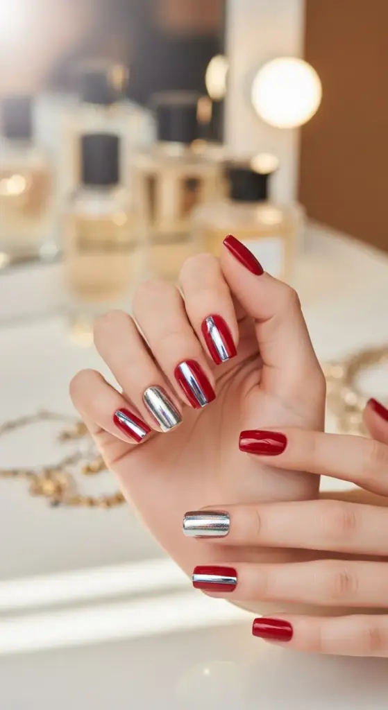A person's hands display a stunning manicure with glossy red and shiny silver nails. The design features a bold contrast, with some nails completely painted red and others in a metallic silver finish, creating a modern and elegant look. The hands are placed on a vanity table with jewelry and perfume bottles in the background, adding to the luxurious feel. This image is a great example of "Red Nails Ideas" for those seeking a glamorous and unique nail design.