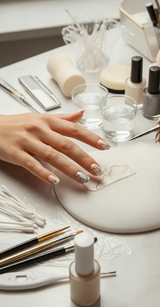 A close-up of a hand with a modern set of French Tip Nails. The nails feature a classic, clean white tip on some nails, while others showcase an elegant gray and gold marble design. The image captures the process of nail art, with a person using a thin brush to apply a detailed pattern. Nail art supplies like cotton swabs, brushes, and nail polish bottles are visible in the background on a white table.