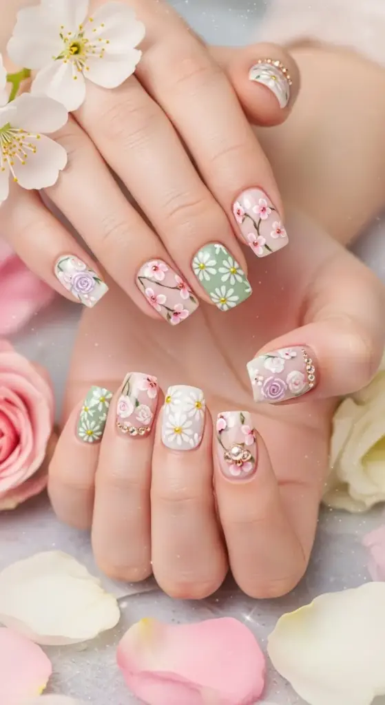 A vibrant, spring-themed manicure on short acrylic nails. The nails feature a variety of delicate floral designs, including pink cherry blossoms, white daisies, and purple roses. The designs are painted on a sheer or light pink base, with some nails having a soft mint green background. Gold accents and small rhinestones are also incorporated, adding a touch of sparkle. The hands are surrounded by pink and white flower petals, enhancing the fresh, feminine aesthetic.