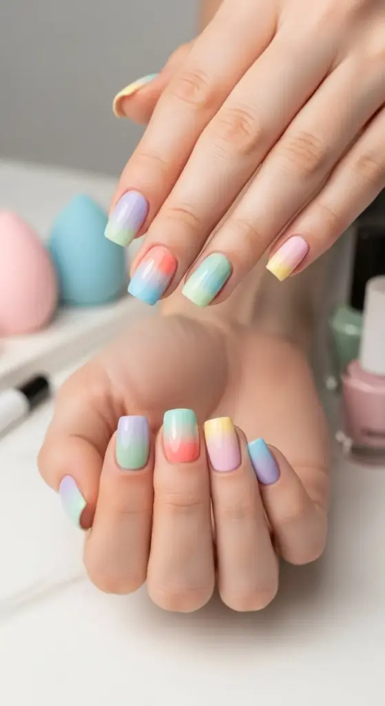 A set of hands with a fun, pastel ombre manicure. The short acrylic nails are painted in a beautiful gradient of soft colors, including light blue, mint green, coral, and pink. The colors smoothly transition from one to another, creating a whimsical and colorful look.