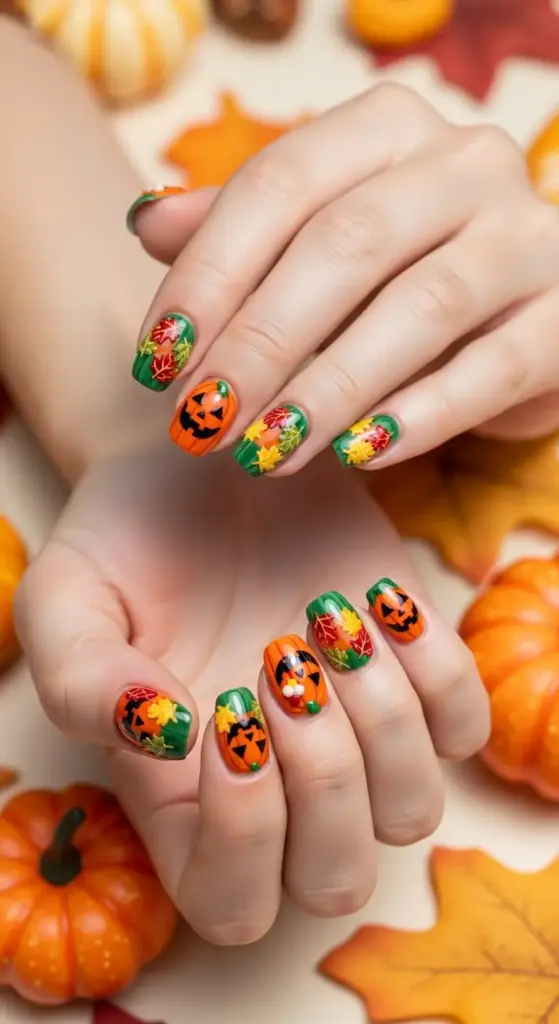Vibrant, short oval nails featuring detailed hand-painted designs of Jack-o'-lanterns and autumn leaves. These festive and Spooky Halloween Nails are set against a backdrop of small pumpkins and colorful fall foliage.