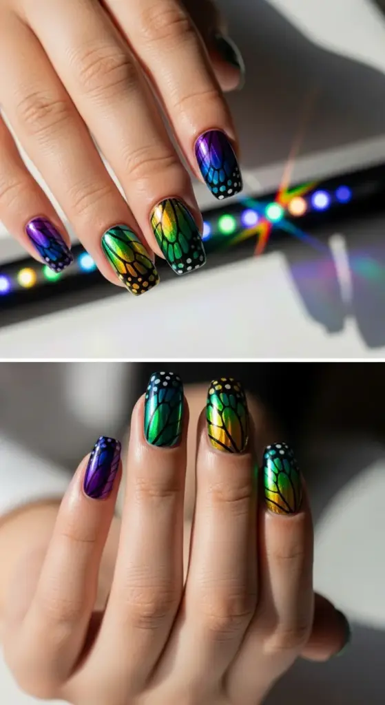 A two-part image showing trendy summer nails with a vibrant, metallic butterfly wing design. The nails feature a gradient of iridescent colors, including purple, blue, green, and gold, with intricate black and white patterns resembling a monarch butterfly's wings. The top image shows the nails with a colorful light reflection, while the bottom image provides a clear view of the detailed and glossy manicure, making it a perfect example of creative and eye-catching nail art.