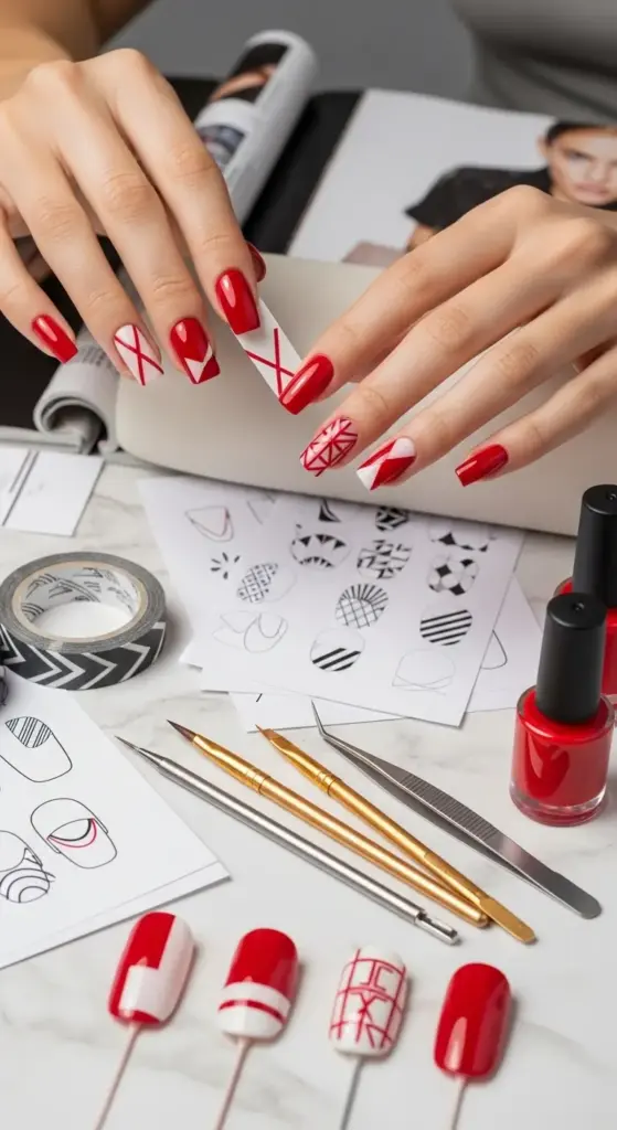 A close-up shot of a person's hands with stylish red and white geometric nail art. The nails feature a variety of intricate designs, including chevrons, crosses, and stripes, showcasing a modern and artistic approach to manicures. The image also shows nail art tools, stencils, and nail polish bottles on a marble surface, illustrating the creative process. This is an excellent visual for anyone looking for "Red Nails Ideas" with a bold, contemporary twist.
