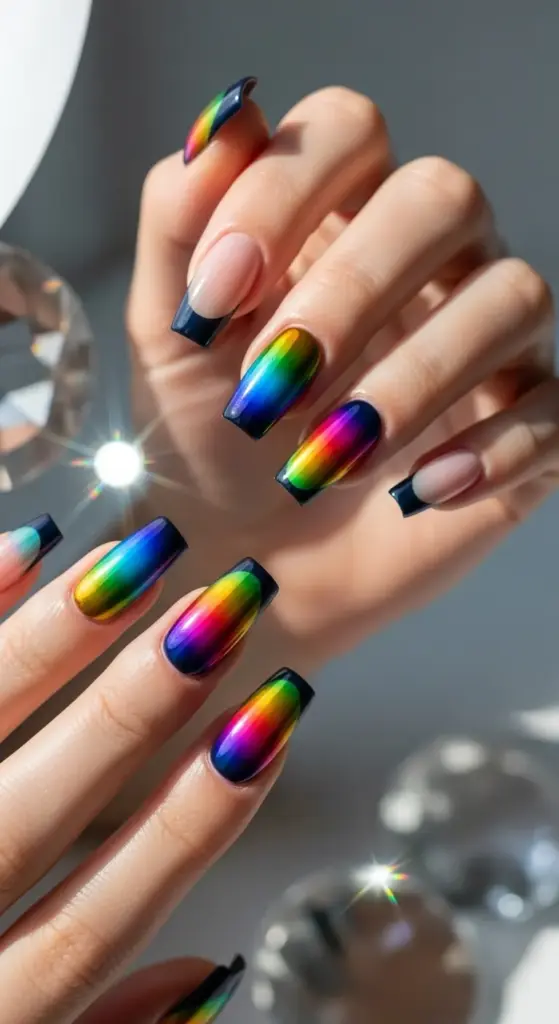 A pair of hands with a stunning set of French Tip Nails. The manicure combines a classic dark blue tip on some nails with a vibrant, metallic rainbow chrome design on others. The long nails have a squared-off shape, creating a bold, eye-catching look.