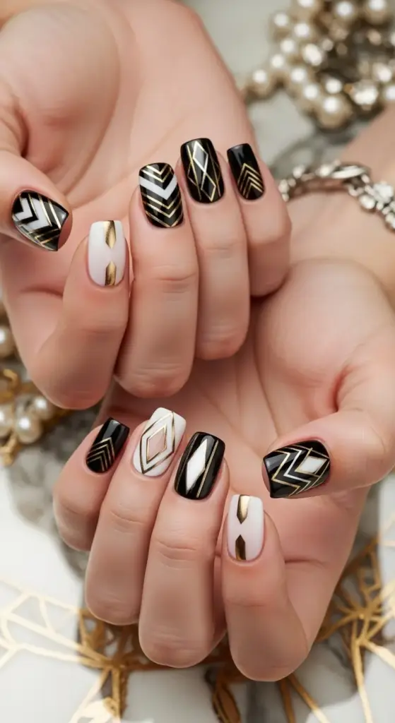 A chic, art deco-inspired manicure on short acrylic nails. The nails feature a sophisticated design with a mix of glossy black and crisp white polish. Each nail is adorned with intricate geometric patterns and accents in metallic gold, including chevron stripes and diamond shapes. The hands are posed gracefully, with a blurred background of a pearl bracelet and golden geometric decor, creating a luxurious and elegant aesthetic.