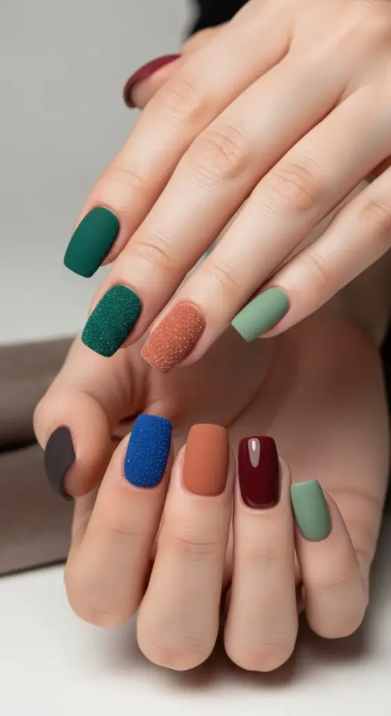 A person's hands are shown with a modern and artistic manicure on short acrylic nails. Each nail is painted in a different color and texture, creating a visually appealing and mismatched design. The nails feature a variety of matte, glossy, and textured glitter finishes in a rich palette of colors, including dark green, forest green, burnt orange, blue, light green, maroon, and charcoal.