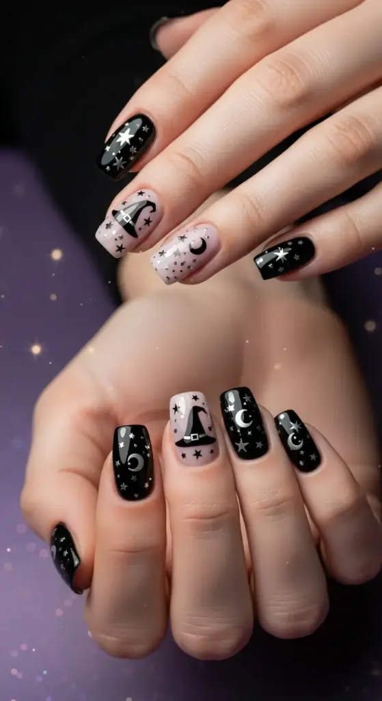 Glossy black nails and a single pale pink accent nail, all featuring a celestial theme with silver stars, moons, and a witch's hat. These magical Spooky Halloween Nails are set against a blurry purple background with sparkling lights.