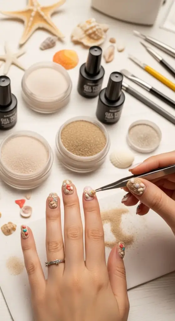 A close-up vertical shot of a person applying tiny seashell and sand decals to their fingernails with tweezers. The nails are painted with a clear polish and decorated to resemble a sandy beach with small, colorful shell accents, perfect for trendy summer nails. The background shows various nail art supplies, including jars of different-colored sand, gel polishes, and brushes, all set on a white surface with starfish and seashells, emphasizing a beach-themed manicure.