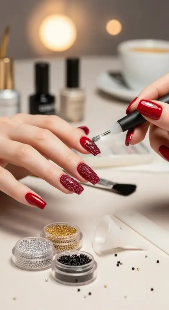 A close-up image of a person applying tiny microbeads to their red nails to create a unique 3D caviar manicure. The hands are polished with a glossy red nail color, with one nail being decorated with glittering silver microbeads. The scene includes small pots of black, gold, and silver beads, along with nail tools, showcasing an intricate and luxurious nail art technique. This is an excellent visual for anyone searching for "Red Nails Ideas" and creative embellishments.