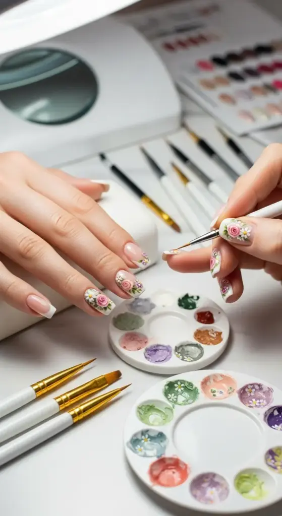 A close-up of a person getting a floral design on their French Tip Nails. The manicure features a classic white tip on some nails and intricate, hand-painted flowers, including pink roses and white daisies on others. A nail technician is using a fine brush and a palette of paints to apply the delicate details. Nail art brushes and other tools are visible on the white table.