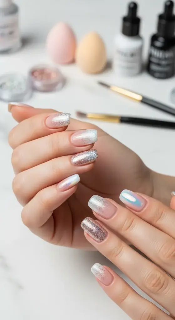 A person's hands are shown with a fresh, sparkling manicure on short acrylic nails. The nails feature a mix of glitter and chrome finishes, creating a radiant and multi-dimensional look. Designs include a silver-to-pink glitter gradient, a full silver glitter nail, and an iridescent holographic nail with a white shimmer. The background shows various manicure tools like brushes, beauty sponges, and nail polish bottles on a white marble surface, highlighting a professional nail salon setting.