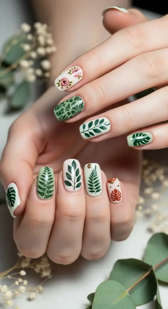 A pair of hands with a nature-inspired manicure. The short acrylic nails are adorned with a variety of delicate botanical designs, including realistic green fern leaves, white and pink flowers, and other foliage patterns on a light-colored base. One nail features a small, artistic, abstract design of a reddish-brown animal.