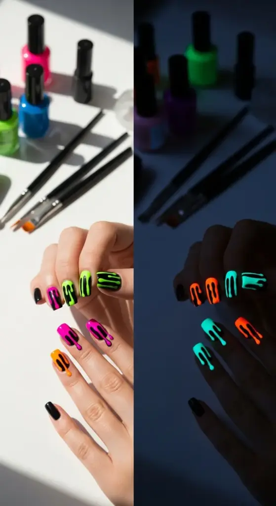 A vertical, two-panel image showing trendy summer nails that glow in the dark. The left panel shows a hand with black and brightly colored nails in daylight, featuring neon pink, orange, and green "drip" designs. The right panel shows the same hand in a dark setting, where the vibrant neon colors glow brightly in green and orange, highlighting the unique, luminous effect. The background includes various bottles of nail polish and art brushes, indicating a DIY manicure setup.