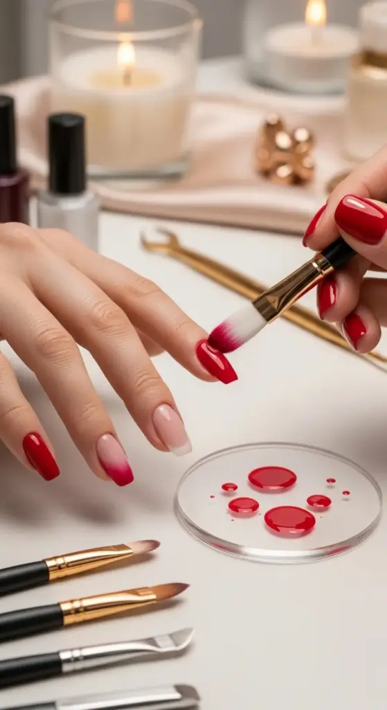 A person is getting a professional nail manicure, featuring a red and nude ombre design. A hand with a mix of solid red and ombre nails is shown, while a brush is used to blend red polish on a clear palette. In the background, there are lit candles and a cozy, spa-like setting, highlighting a relaxing and creative process. This image is perfect for anyone looking for "Red Nails Ideas" and elegant ombre nail art inspiration.