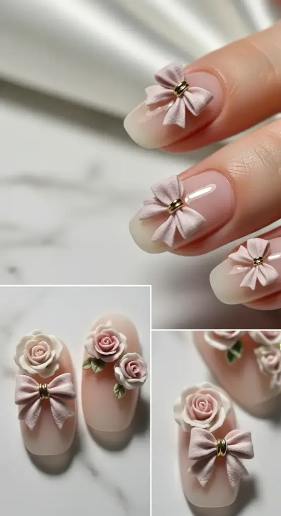 A close-up of a detailed manicure with 3D nail art. The light pink nails are adorned with sculpted designs, including delicate pink bows with gold centers and intricately crafted roses in shades of pink and white. The image is a collage showing different angles of the elegant and romantic nail art.