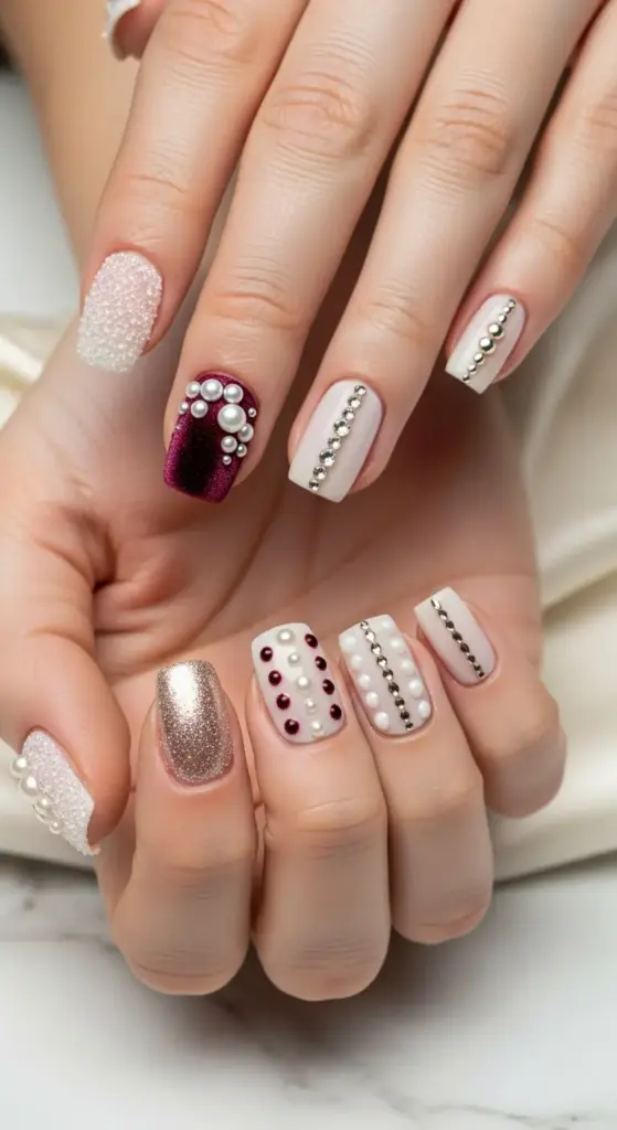 A stunning and ornate manicure on short acrylic nails, featuring a mix of textures and embellishments. The nails are adorned with a variety of designs, including a sparkling rose gold glitter nail, a rich burgundy velvet-textured nail with pearl clusters, and a matte white nail with intricate silver and pearl details. Other nails have a textured white glitter finish and elegant pearl and rhinestone lines, creating a luxurious and sophisticated look.