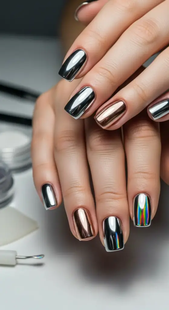 A person's hands are shown with a modern and glossy manicure on short acrylic nails. The nails feature a mix of colors with a metallic, mirror-like finish, including a shiny silver chrome, a rose gold, and a multicolored holographic effect on one nail. The nails are neatly shaped and have a futuristic, high-fashion look.