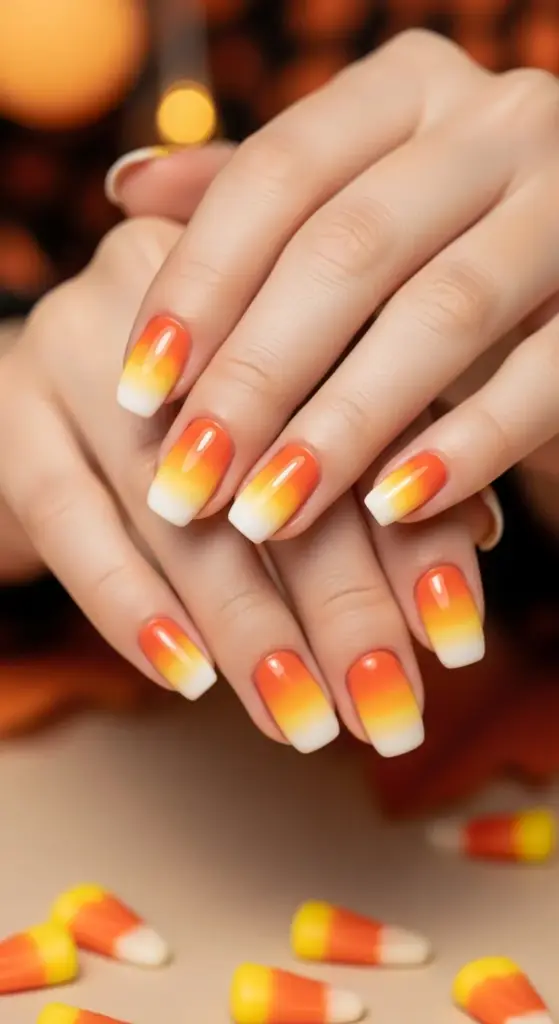 Short, glossy square nails featuring a candy corn-inspired ombre design with a white tip fading into orange and yellow. These sweet yet Spooky Halloween Nails are surrounded by scattered candy corn candies and a blurred pumpkin in the background.