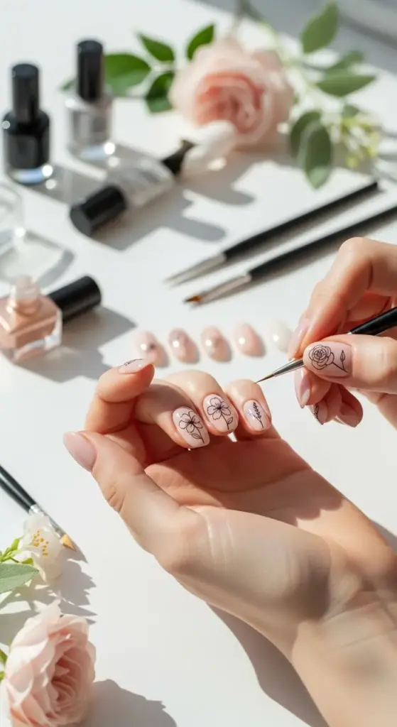 A close-up of a person's hands painting delicate black floral outlines on a sheer pink manicure using a fine-tipped brush. The trendy summer nails feature a minimalist, hand-drawn flower design, creating a soft and elegant look. The background shows various nail art supplies, including bottles of nail polish, a set of brushes, and a few light pink flowers, all on a white surface with natural light.