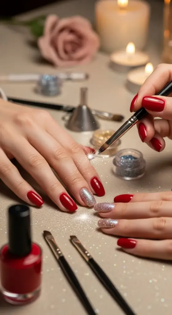 A close-up of a person's hands getting a festive and glamorous manicure, featuring a combination of glossy red nails and glitter-covered nails. A nail technician is shown applying shimmering silver glitter to a nail with a brush. The table is filled with glitter pots, brushes, and nail polish bottles, while lit candles and a rose in the background create a luxurious atmosphere. This image is a great example for anyone seeking "Red Nails Ideas" with a sparkly, festive touch.