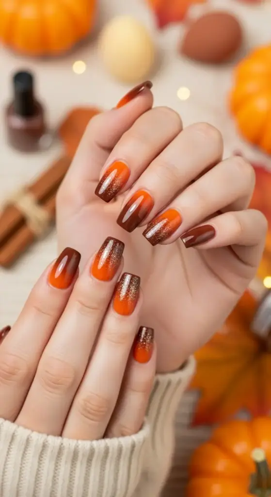A pair of hands displays cute Halloween nails with an ombre effect. The nails fade from a vibrant orange at the base to a rich brown at the tips, with a subtle glitter finish on some nails. In the background, there are various autumn-themed items, including pumpkins, fall leaves, and a bundle of cinnamon sticks. The hands are resting on a sweater, adding to the cozy, seasonal feel of the image.