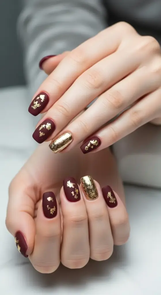 Elegant matte dark red nails with glossy gold foil accents on the ring fingers and on some other nails.