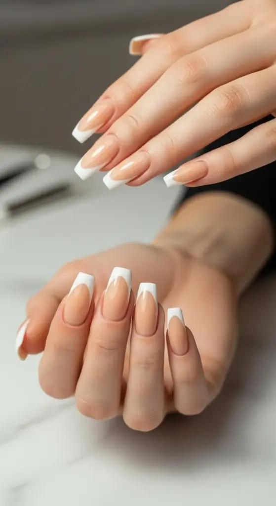Elegant French tip acrylic nails are showcased in this close-up shot. A person's hands are shown, one palm up and the other palm down, highlighting the crisp white tips and natural-looking pink base of a classic French manicure. The nails are a long, square-to-coffin shape with a clean, well-defined smile line. This image beautifully captures the sophistication and timeless style of French tip acrylic nails.
