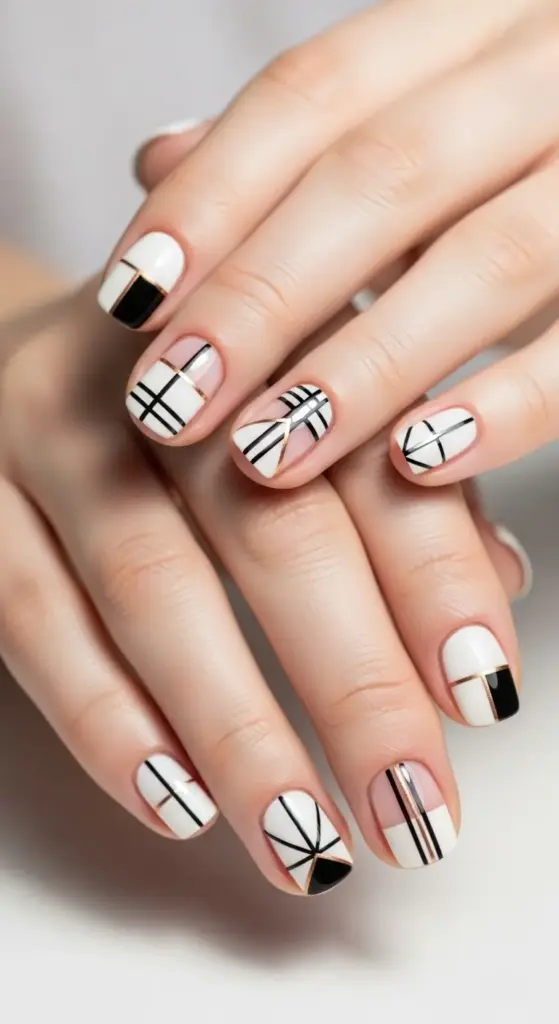 Two hands display stylish short nails ideas with a modern black and white geometric design. The manicure features clean lines, plaid-like patterns, and a touch of gold foil, showcasing a minimalist and chic aesthetic perfect for those seeking sophisticated nail art.