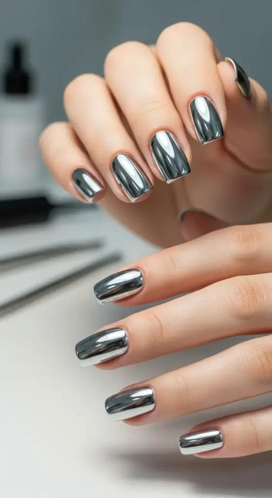 Close-up of a person's hands with shiny, metallic chrome nails, showcasing one of the latest Trendy Nails Ideas. The nails have a mirrored finish and are shaped into a modern square style.