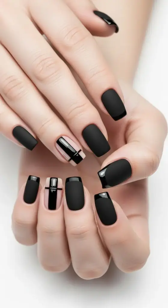 Chic hands with a fashionable manicure featuring matte black nails, glossy black french tip nails, and accent nails with a unique black striped design over a neutral base.