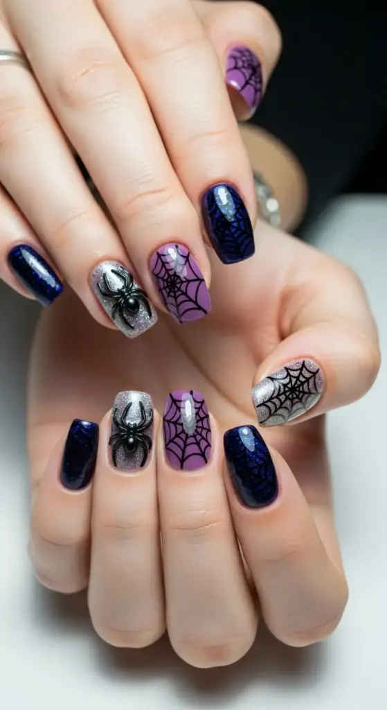 A person's hands are shown with a spooky yet cute Halloween nails design. The nails feature a mix of dark blue and glittery silver polishes. Two of the nails on each hand are decorated with intricate spiderwebs in black on a purple background, while one nail on each hand has a large, detailed black spider over a sparkling silver base. The combination of colors and designs creates a fun and eerie Halloween look.