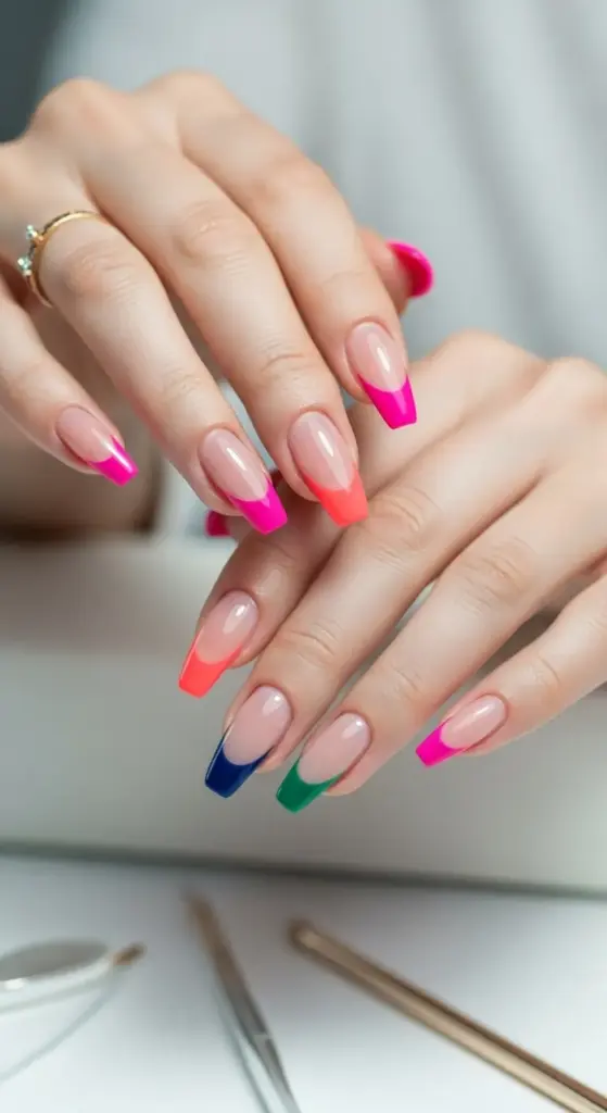 These stylish French tip acrylic nails put a modern spin on the classic manicure. The image features a person's hands with long, coffin-shaped nails. Instead of the traditional white tip, the nails are adorned with a vibrant, multicolored design, including bright pink, neon orange, dark blue, and emerald green. The bold color combination offers a fresh and creative take on French tip acrylic nails.