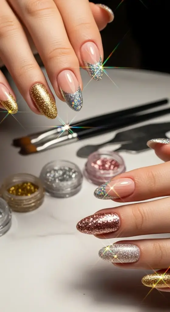 This glamorous close-up shot highlights a creative take on French tip acrylic nails. The image shows a pair of hands with long, oval-shaped nails featuring various glitter tips in gold, silver, and rose gold. Some of the glitter tips are in the classic French manicure style, while others have a curved, crescent shape. The nails have a clear or natural-looking base, and the image includes a subtle sparkle effect on the glitter, emphasizing the luxurious and festive feel of these French tip acrylic nails.