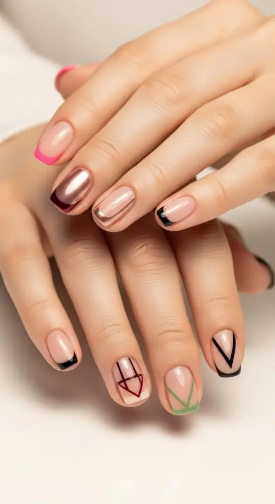Stylish manicure showcasing a variety of short nails ideas, featuring a modern twist on the classic French tip. The design includes metallic and multi-colored French tips, alongside geometric line art in black, red, and green on a neutral base, creating a trendy and artistic look.