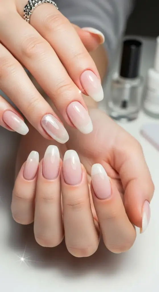 Close-up shot of a person's hands with classic French manicure nails, showcasing a timeless yet modern look. The elegant almond shape and clean white tips make this a popular choice for Trendy Nails Ideas.
