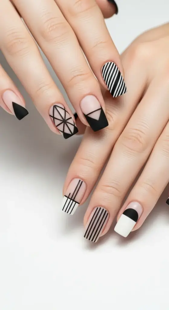 Edgy and modern manicure featuring a variety of black, white, and clear abstract nail art designs on a square nail shape, including geometric shapes, bold stripes, and black french tip nails.